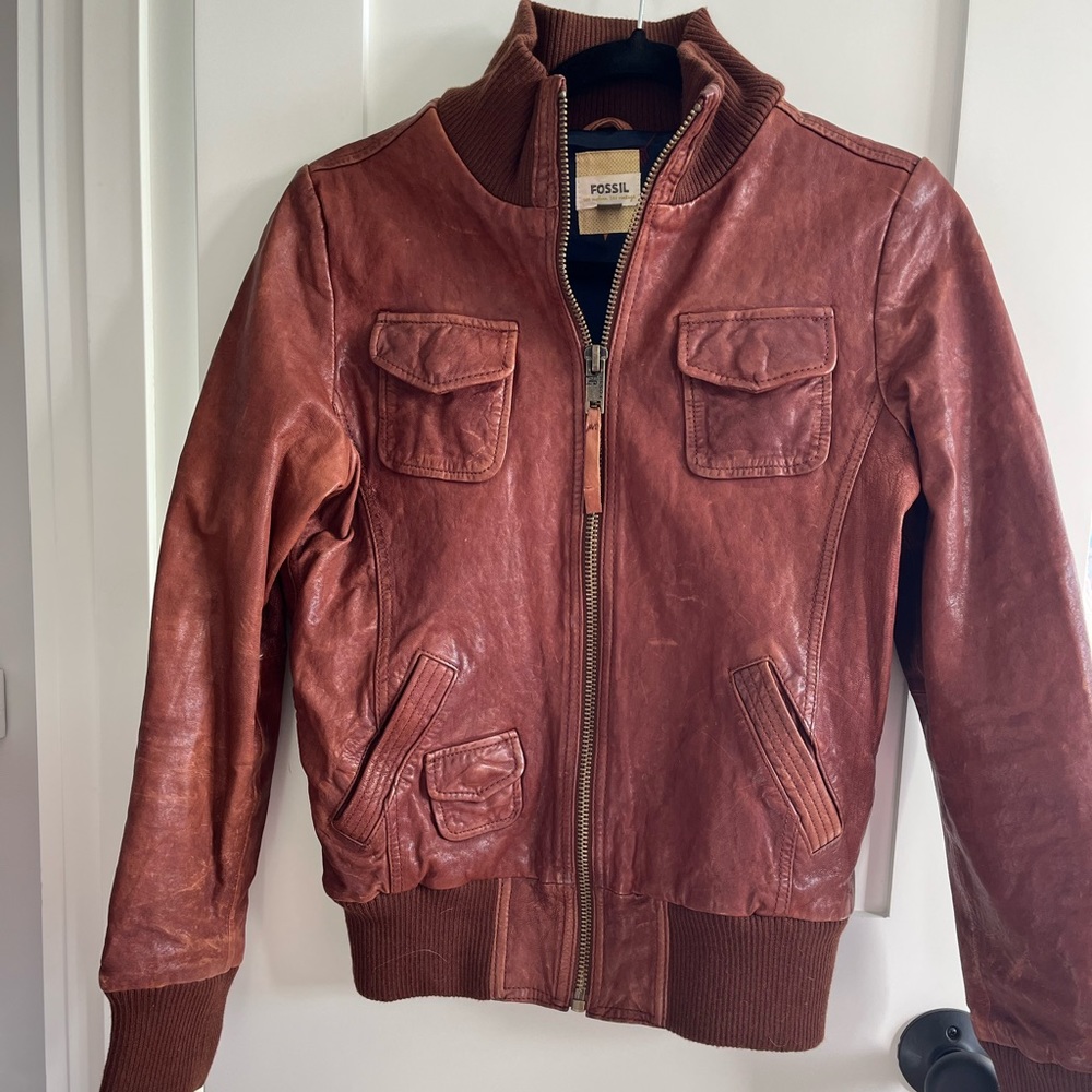Fossil Maribelle Bomber Jacket Size M Color Cognac